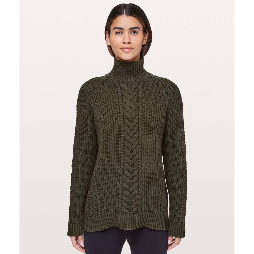 Lululemon Bring the Cozy Mock Neck Sweater Sz. 6 Olive Green Chunky Cable Knit